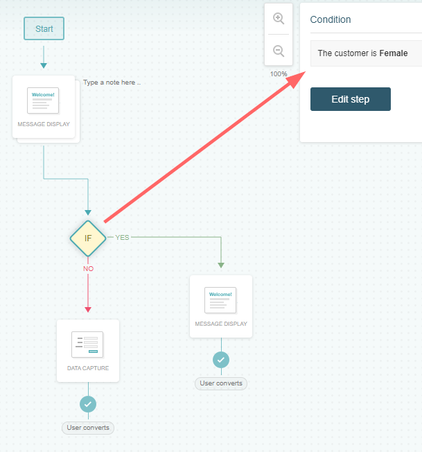 Conditional fork in a funnel — two outgoing paths based on a customer attribute