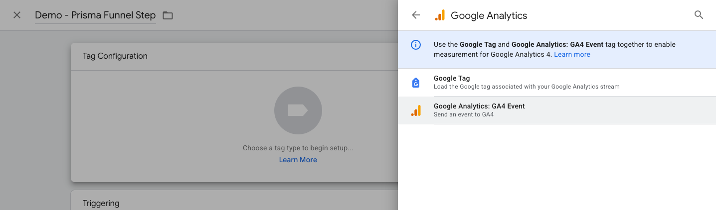 Selecting the Google Analytics: GA4 Event tag type