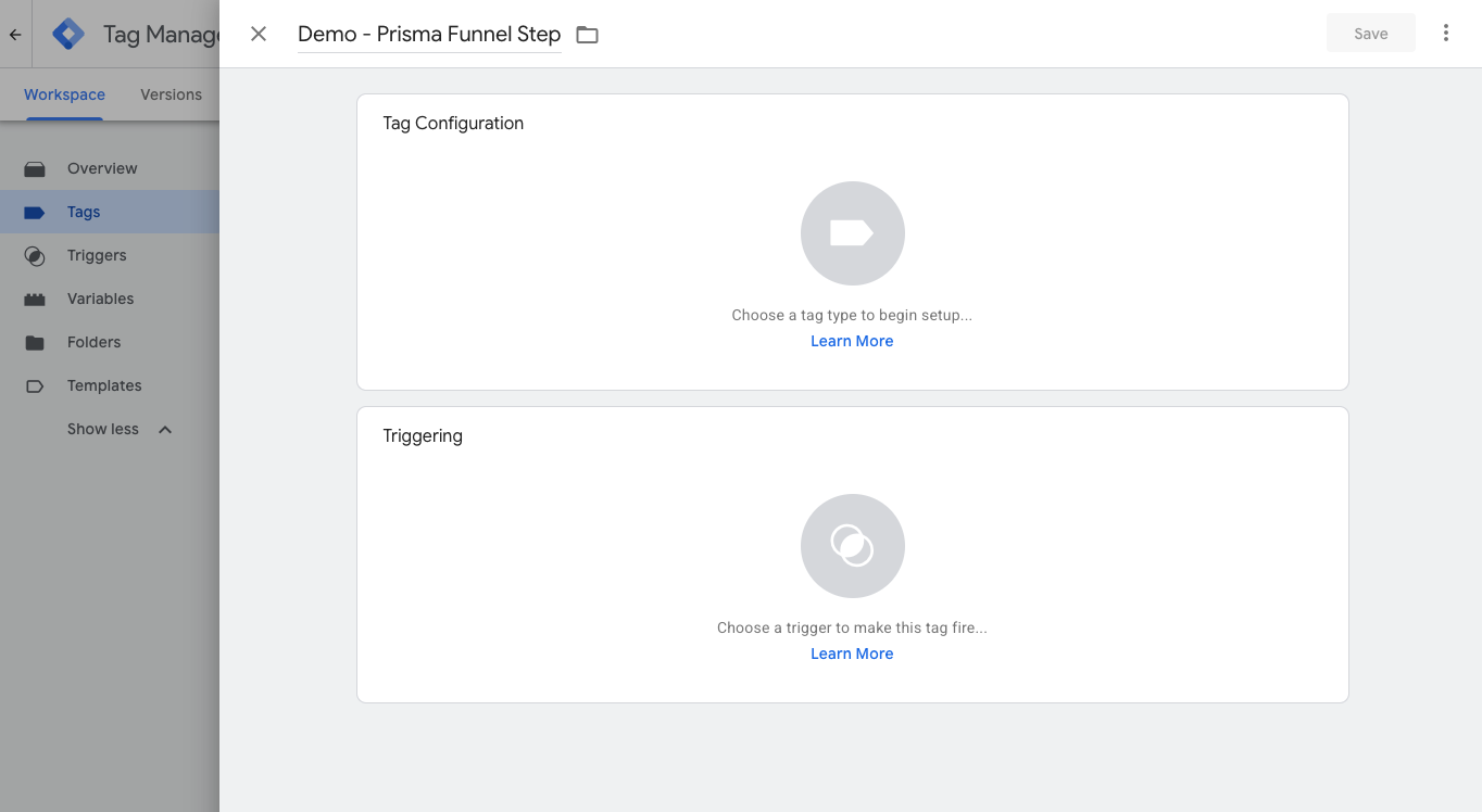 New tag with empty Tag Configuration and Triggering panels
