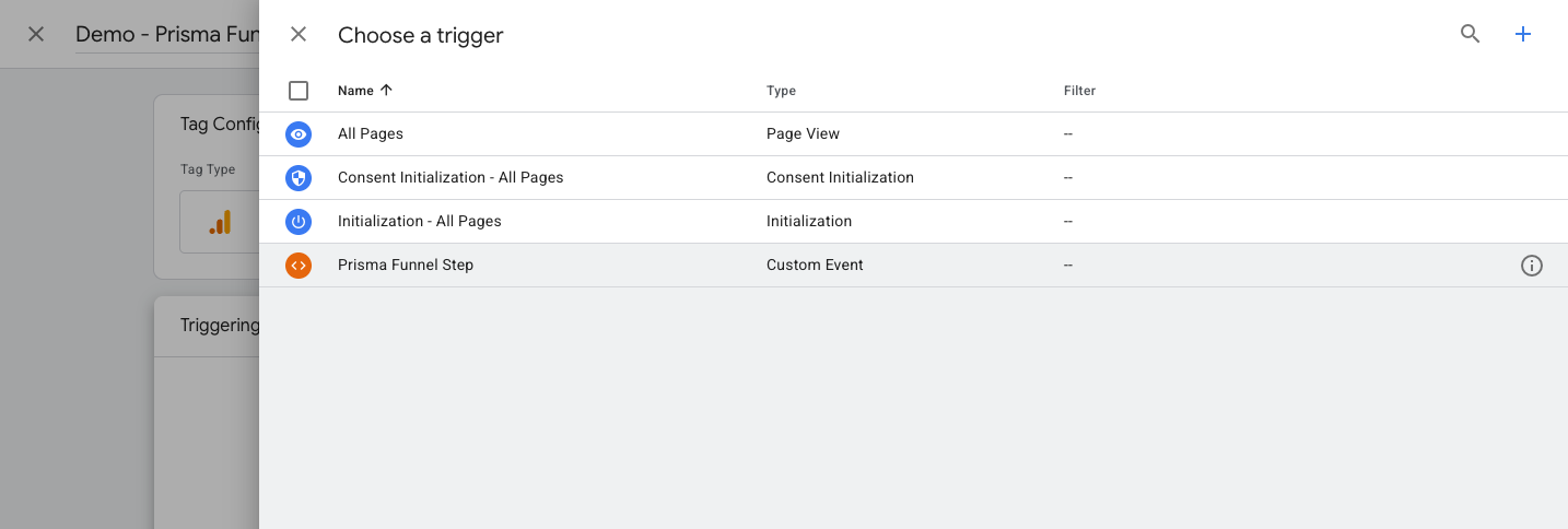 Selecting the Prisma Funnel Step trigger from the trigger list