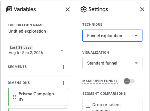 Setting the exploration&rsquo;s technique to Funnel exploration and visualization to Standard funnel