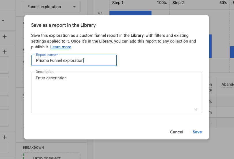 Naming the report Prisma Funnel exploration before saving