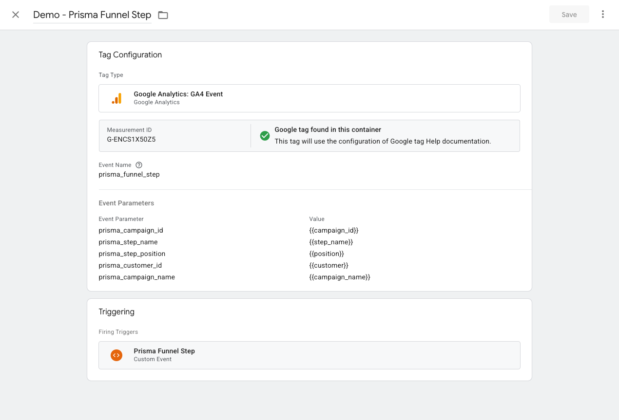 GA4 Event tag configuration with Event Parameters mapped to GTM variables