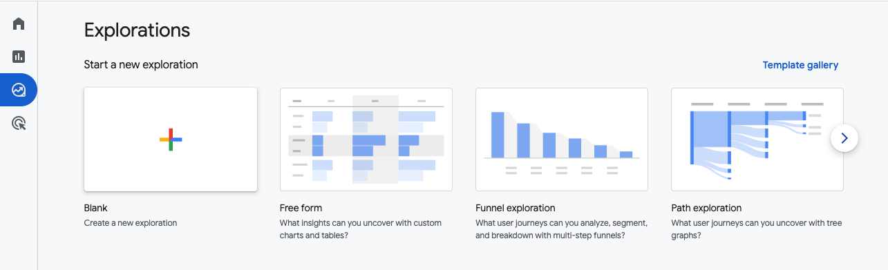 Explorations landing page, choosing Blank to start a new exploration