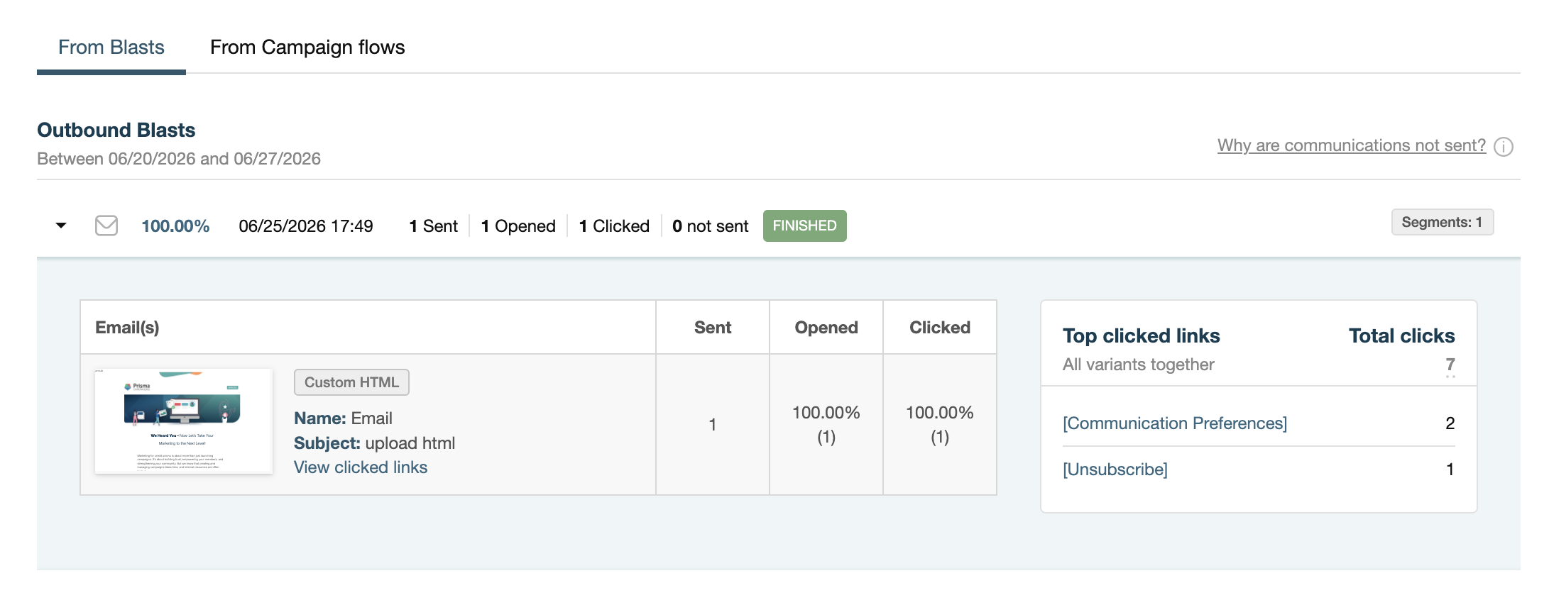 Outbound Blasts list showing individual blasts with open rate and View Content option