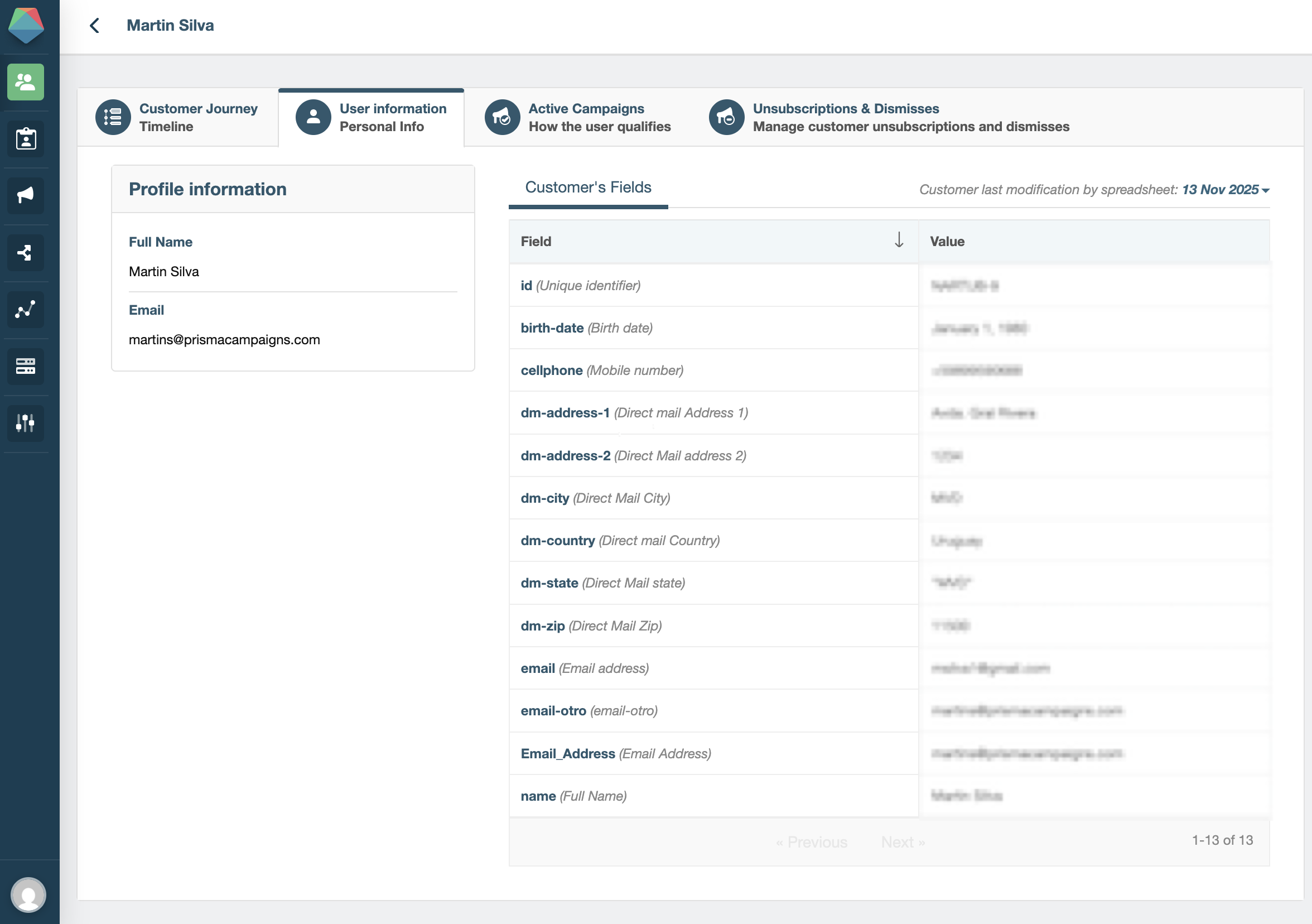 Customer profile showing field values including a custom field owns_home