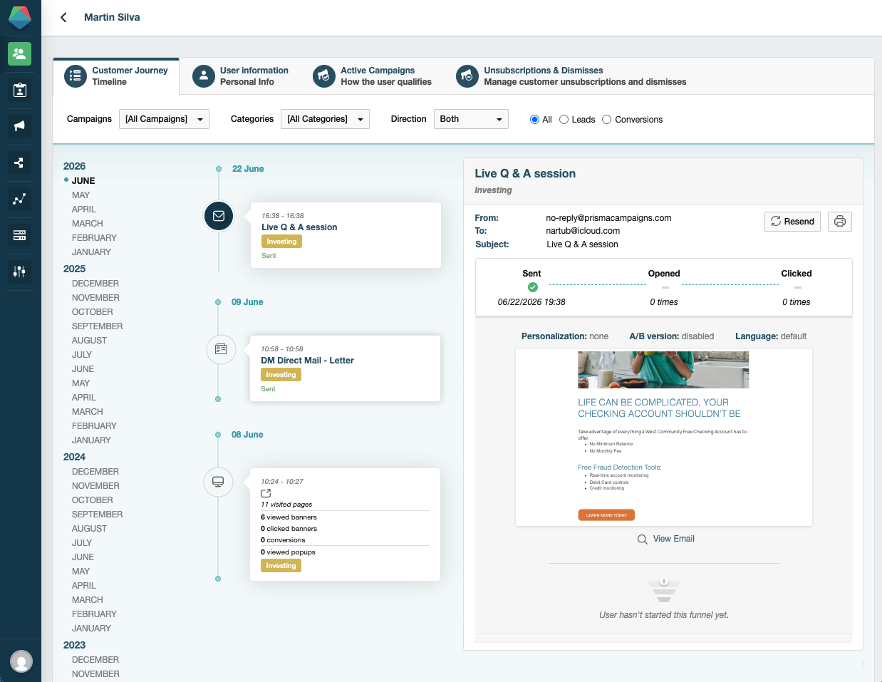 Detailed interaction record showing date, campaign, and interaction type
