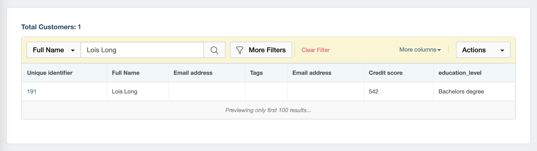 Customer list showing the search bar