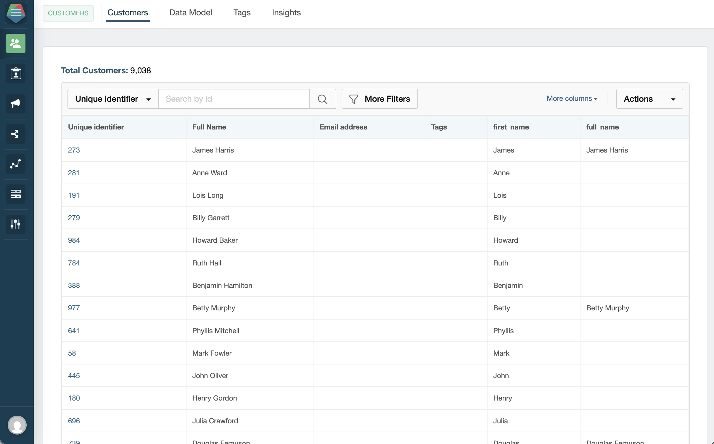 Customer list showing the search bar, quick filters, and the More Filters button