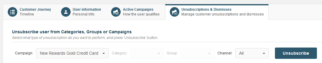 Unsubscriptions & Dismisses tab showing options to unsubscribe by campaign, category, group, and channel