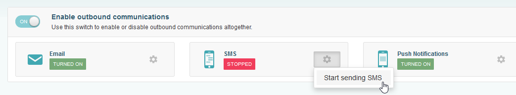 Outbound channel toggles — enabling or disabling email, SMS, and push per customer