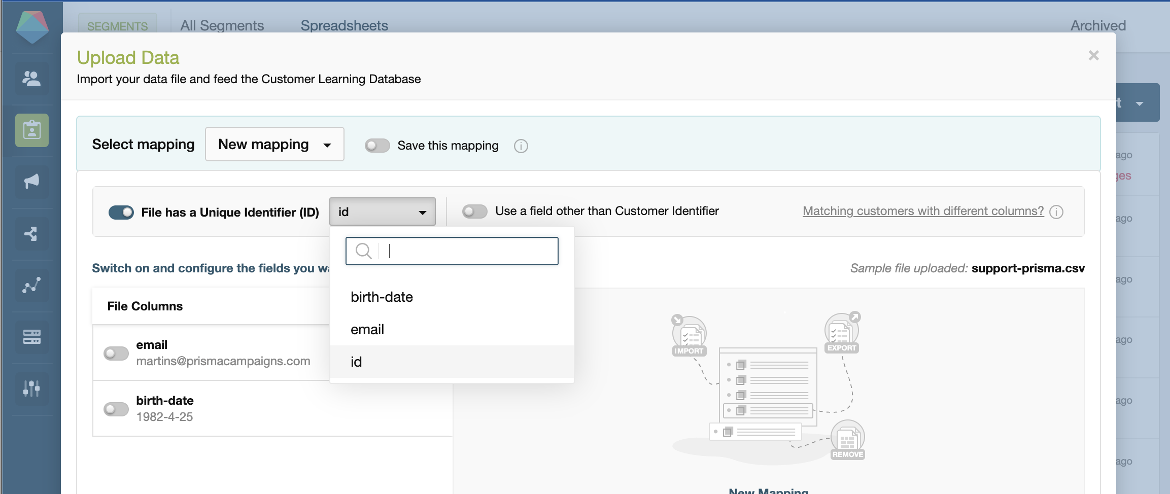 Selecting the customer ID column during upload