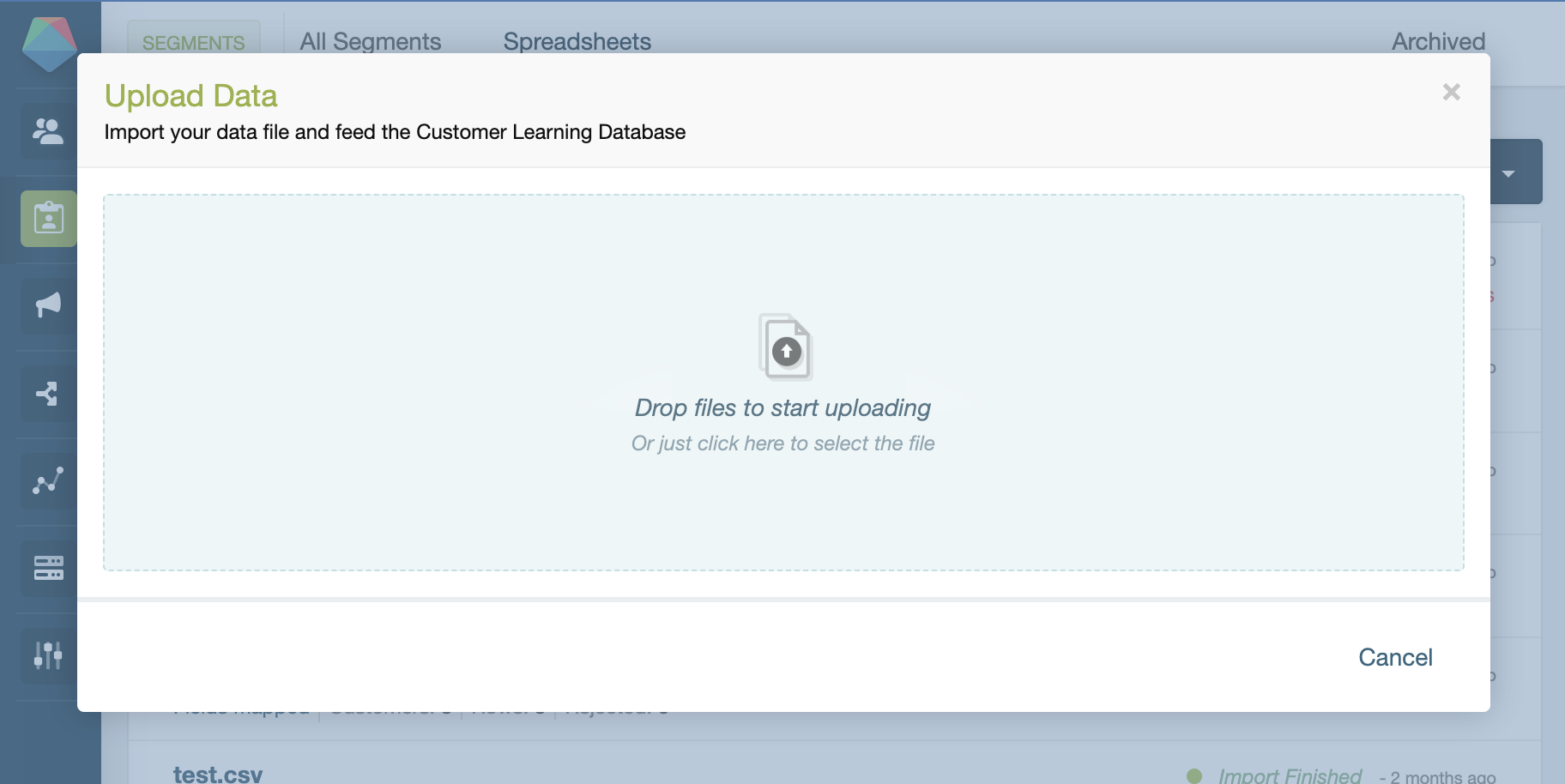 Segments > Spreadsheets with Upload Spreadsheet button