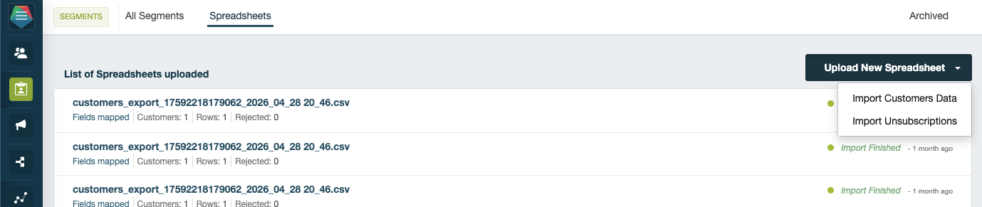 Segments > Spreadsheets with Upload Spreadsheet button