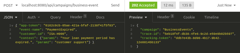 Request in JSON format and server response with context parameters