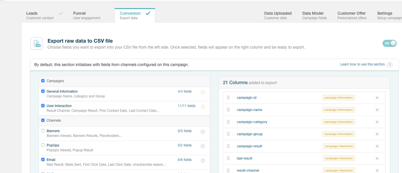 Configuración de datos a exportar