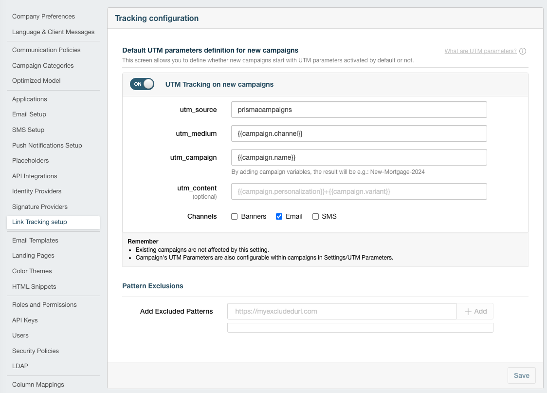 Turning on UTM parameters at the system level