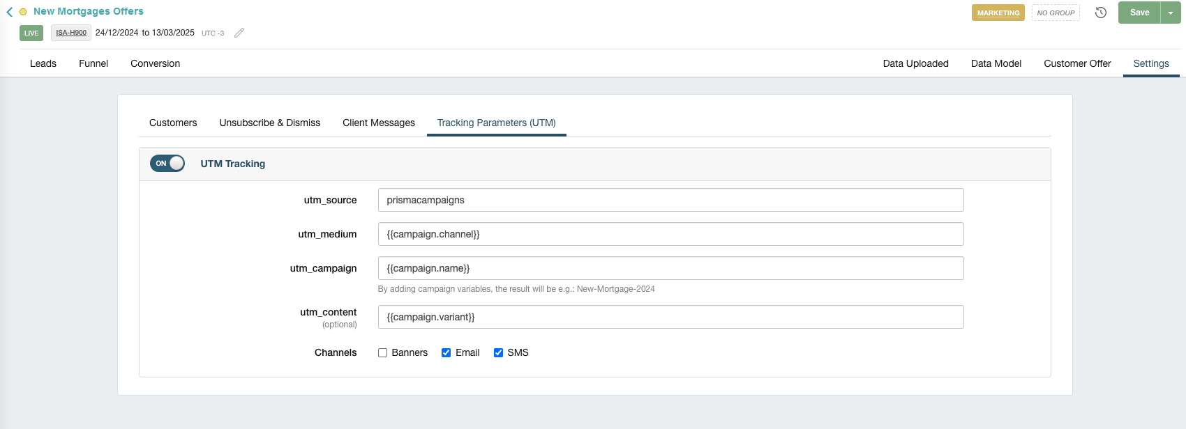 Enabling UTM parameters for the campaign