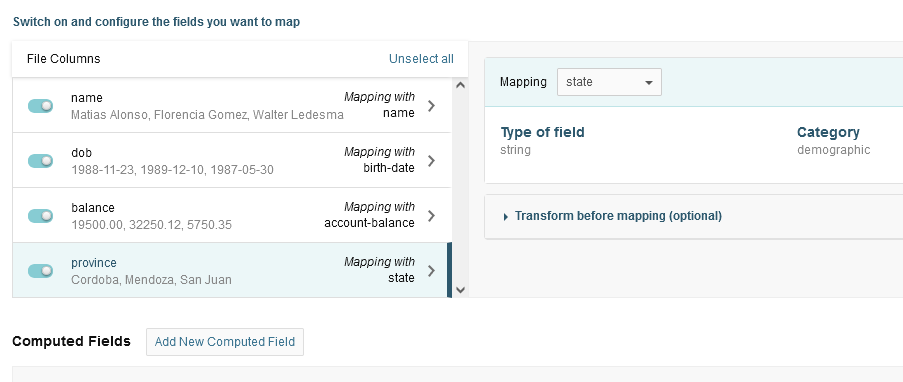 Mapping fields from the file and the internal database