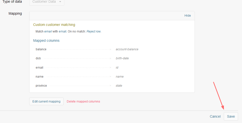 Saving the column mapping