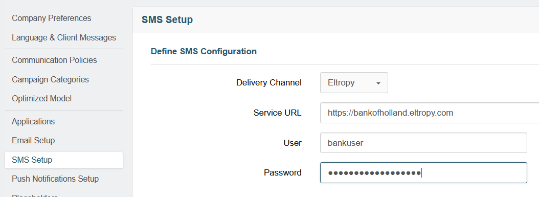 Entering Eltropy account settings in Prisma Campaigns