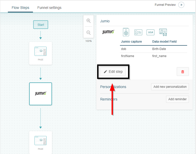 Ubicación del control de Edit Step a la derecha del funnel