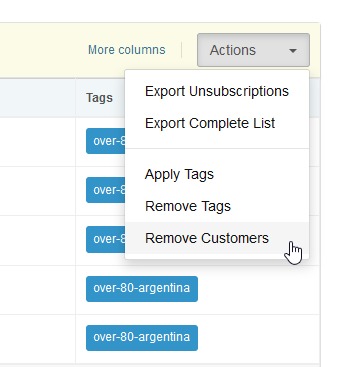 Expanding the Actions dropdown