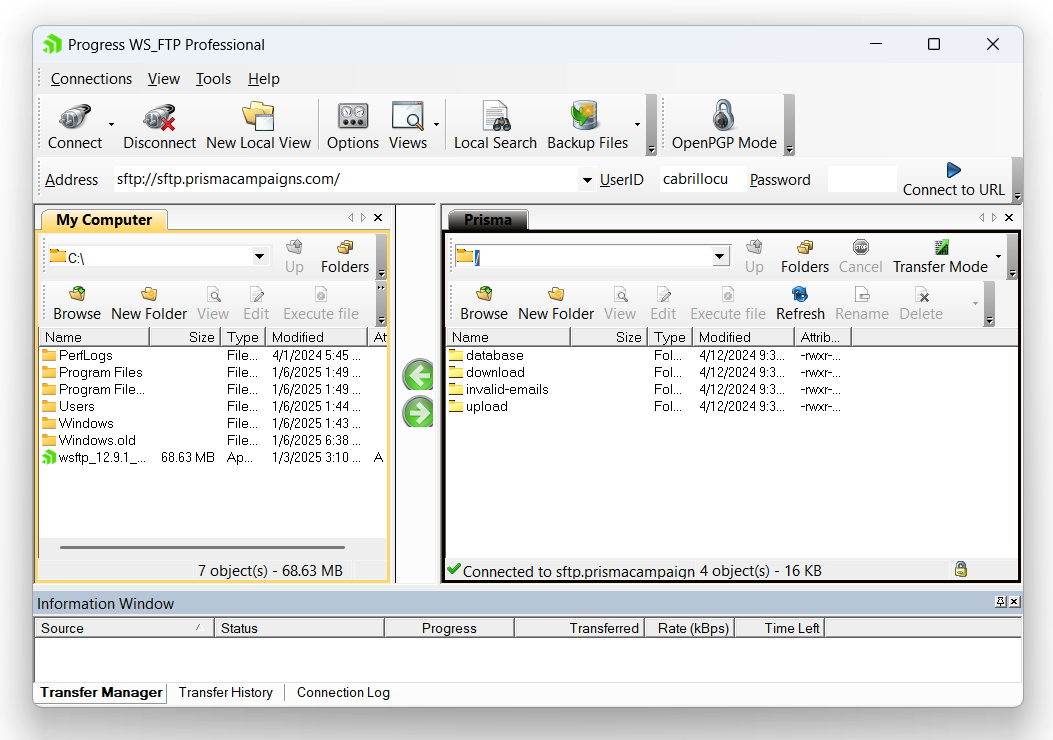 Successful connection to the SFTP server