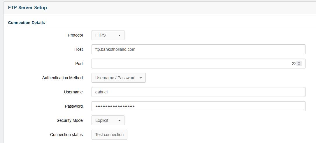 Configuring FTPS server details