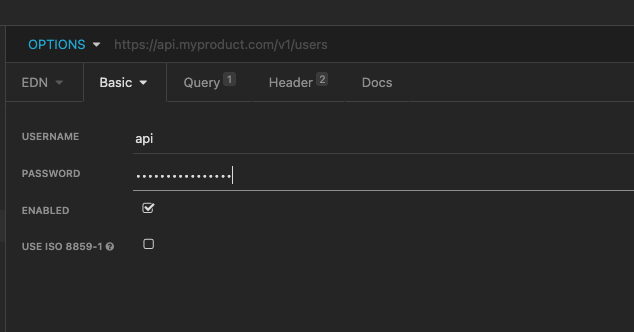 Enter Auth username and Password in Insomnia