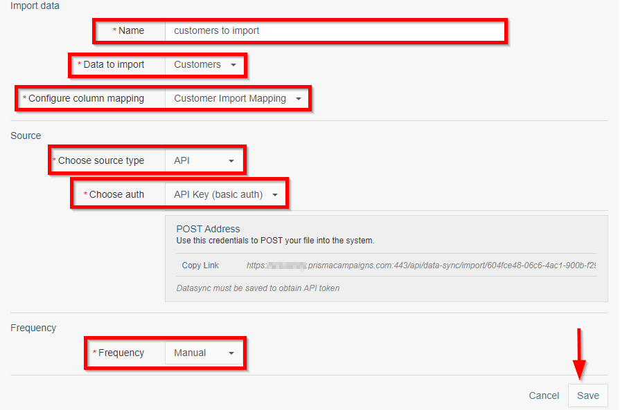 Configuración de Datasync de importación manual