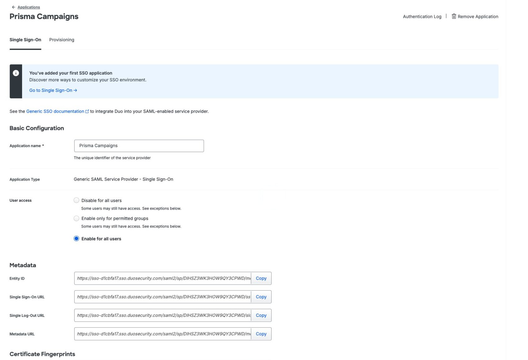 Duo application basic configuration and user access