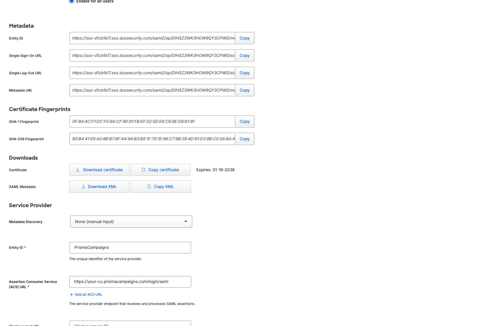 Duo metadata and service provider configuration