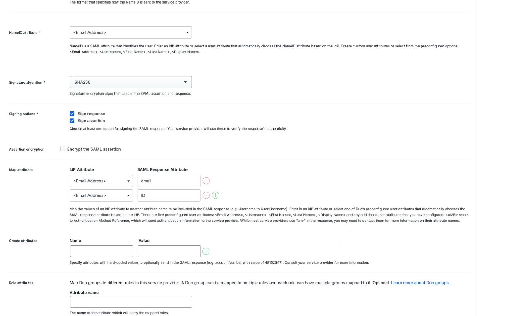 Duo SAML attribute mappings
