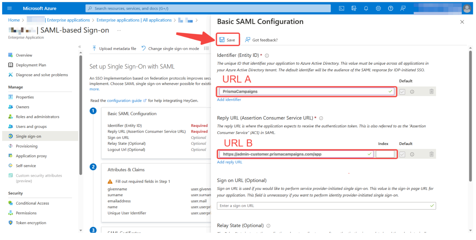 Botón Save para configuración SAML