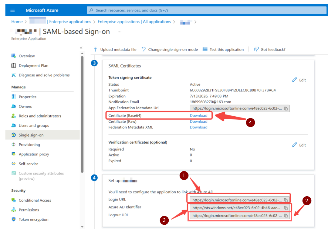 Página de configuración Single sign-on con información requerida