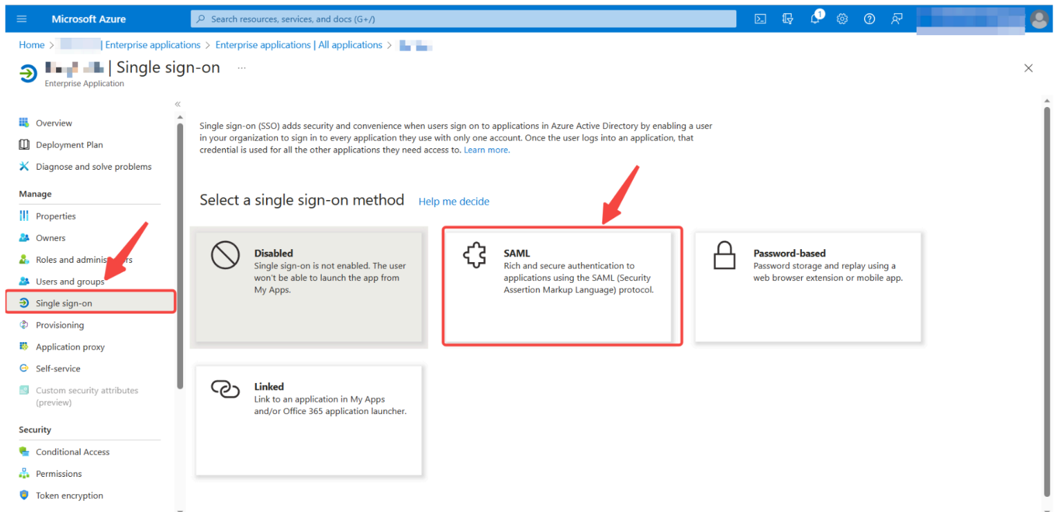 Página de configuración SAML de Single sign-on