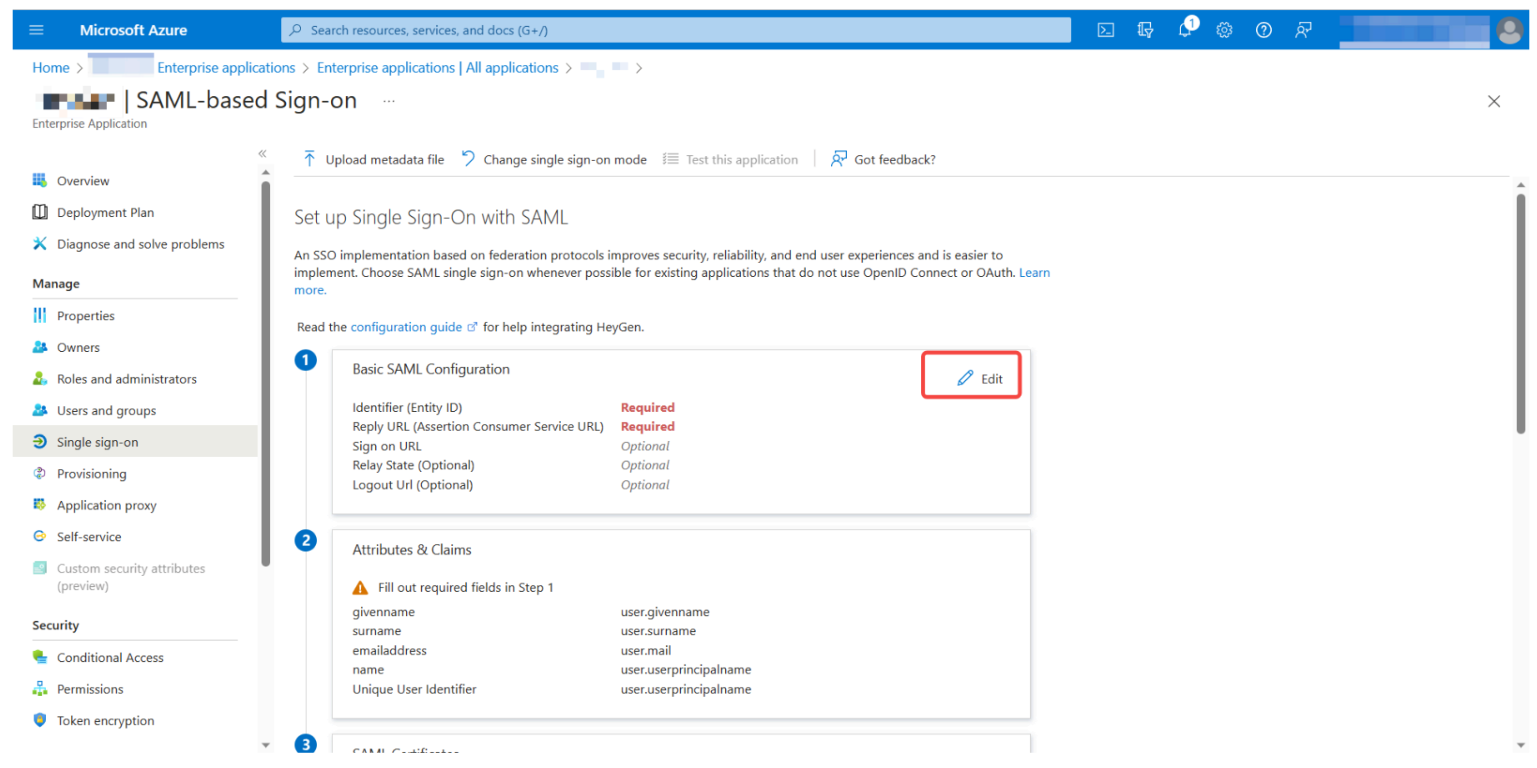 Botón Edit para configuración SAML