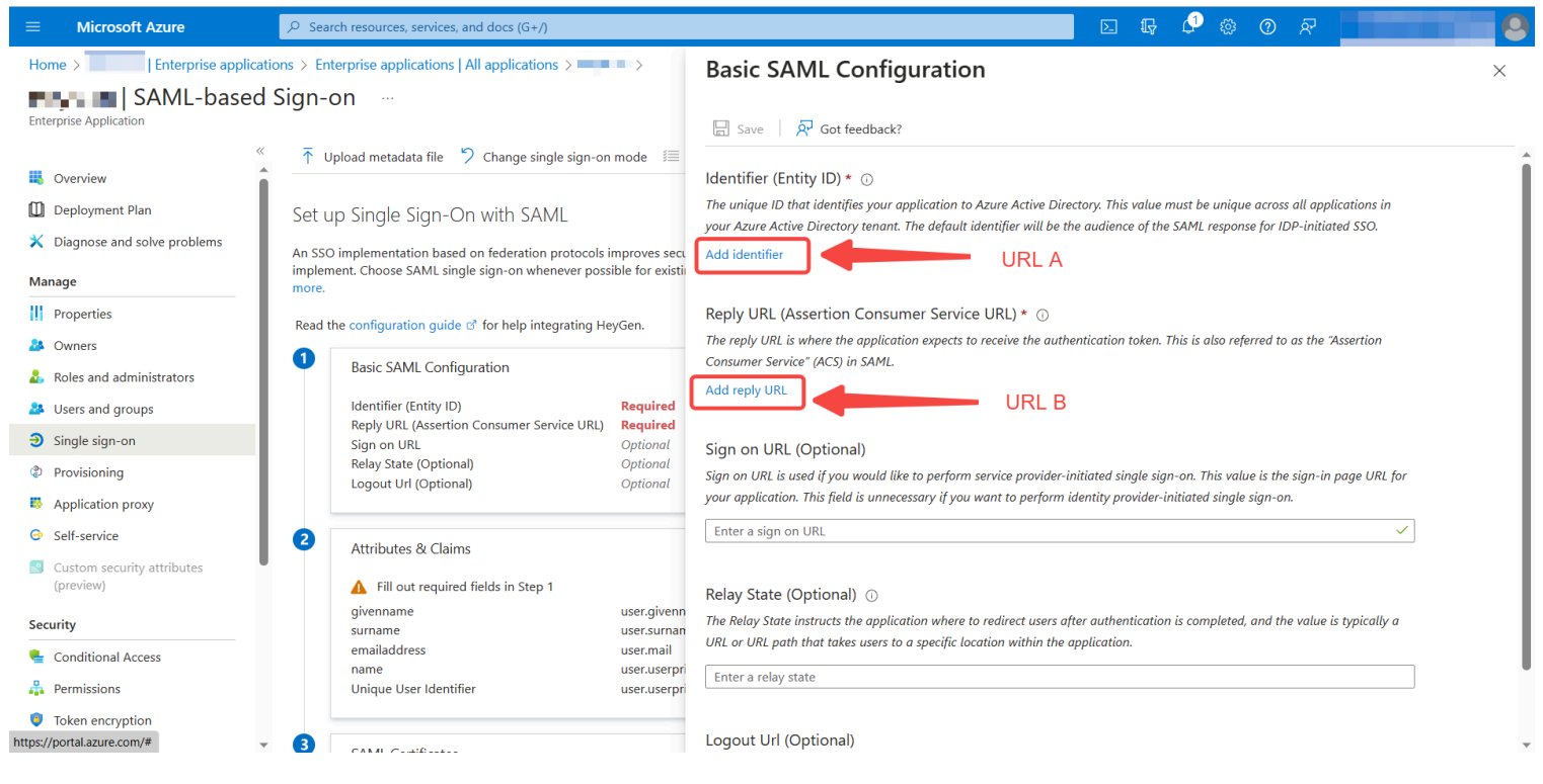 Formulario de configuración SAML con campos Identifier y Reply URL