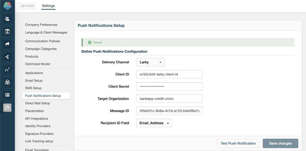 Configuración de Larky para push notifications guardada