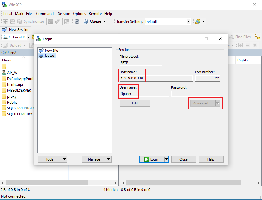 Entering the connection parameters