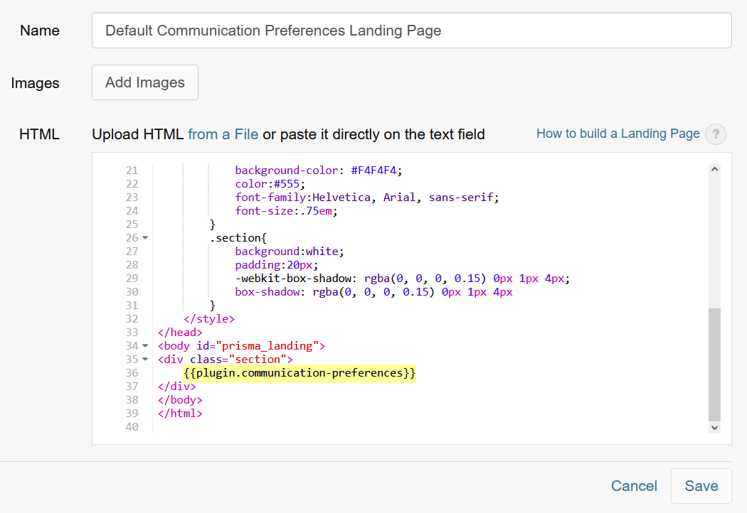 Inserting the communication preferences plugin in a landing page