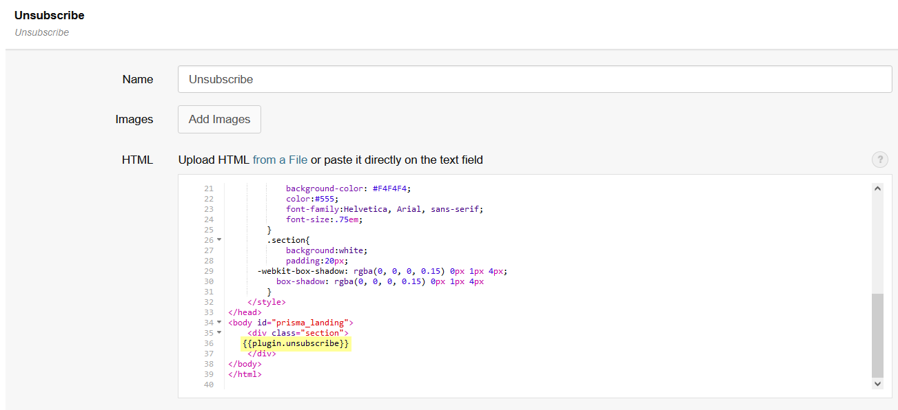 Including the unsubscribe plugin in a landing page