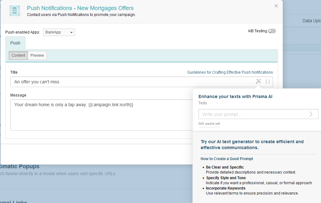 Leveraging Prisma AI to generate push notification text