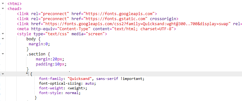Adding the Quicksand font to the head section