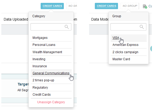 Campaign header showing Category dropdown with General Communications selected and Group dropdown with VISA selected