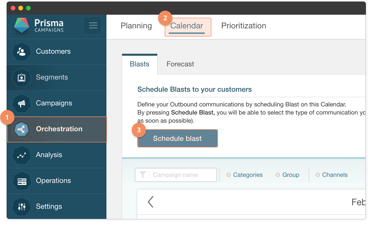 Orchestration > Calendar view with Schedule Blast button and calendar grid