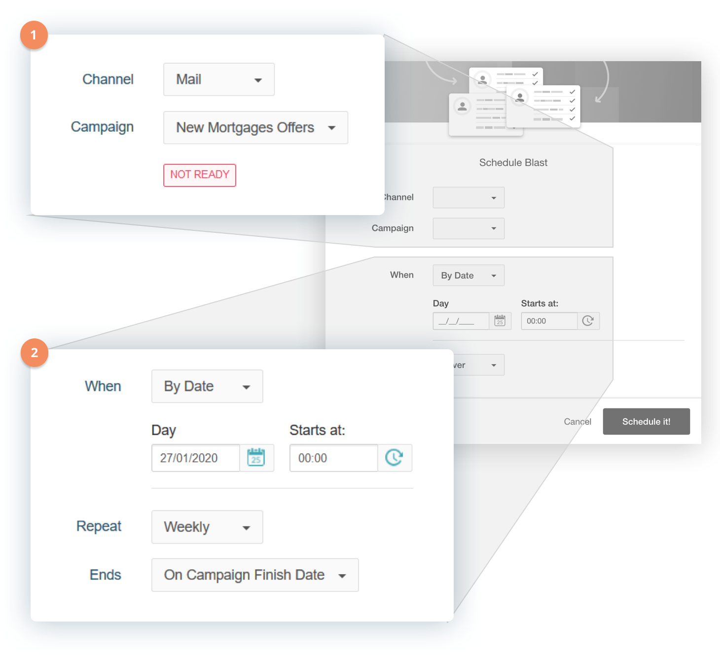 Schedule Blast dialog showing Channel, Campaign, When set to By Date, Repeat set to Weekly, Ends set to On Campaign Finish Date