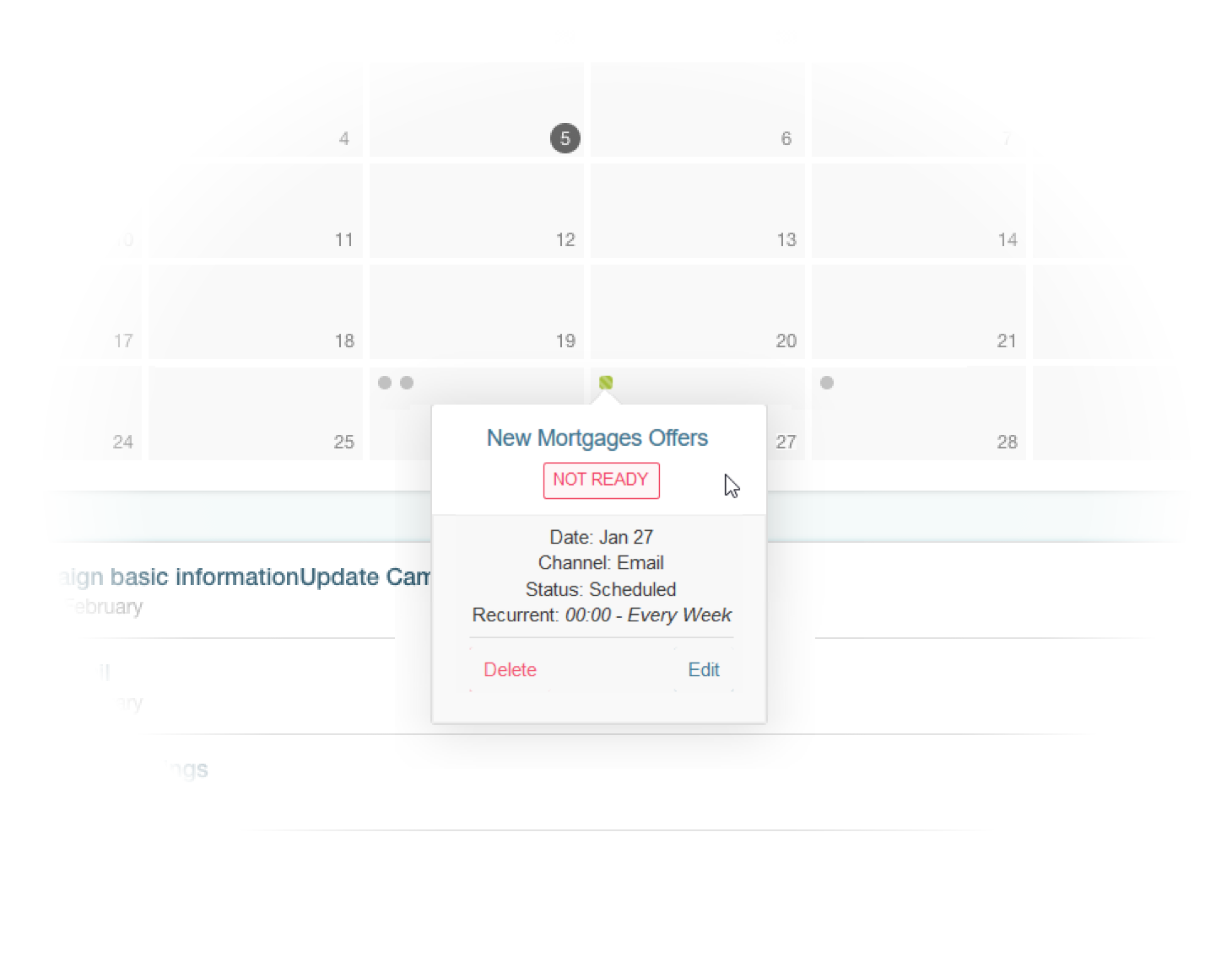 Calendar detail showing NOT READY status, Date, Channel, and Recurrent fields