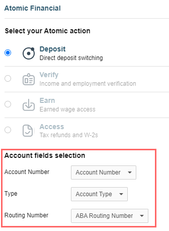 Configurar una acción de Atomic Financial para cuentas únicas